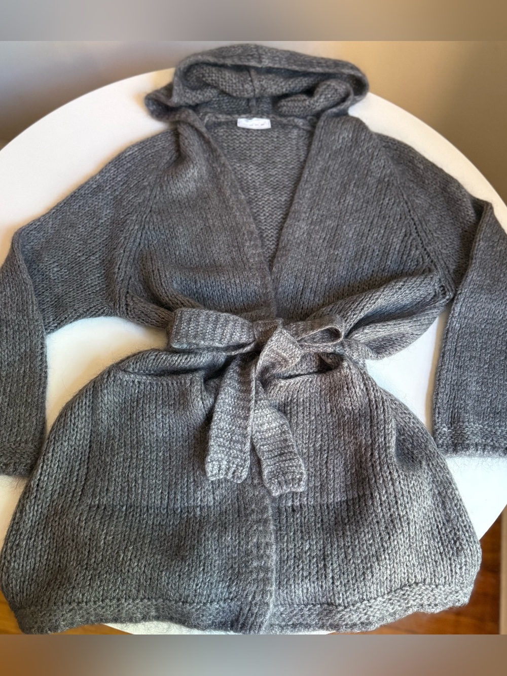 Hope Made in Italy Mohair Blend Gray Hooded Long Cardigan Sweater Coat Belted S